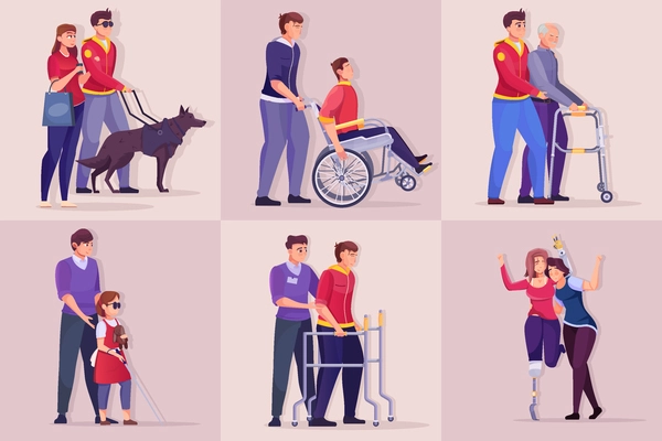 Compositions of life and movement of disabled people on a beige background flat vector illustration