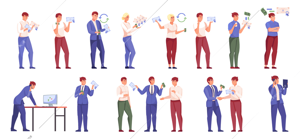 Financial brokers working in stock market with their clients characters flat color set isolated on white background vector illustration