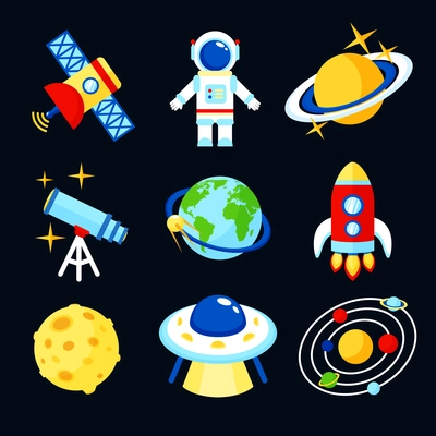 Space and astronomy icons set of earth rocket moon astronaut isolated vector illustration