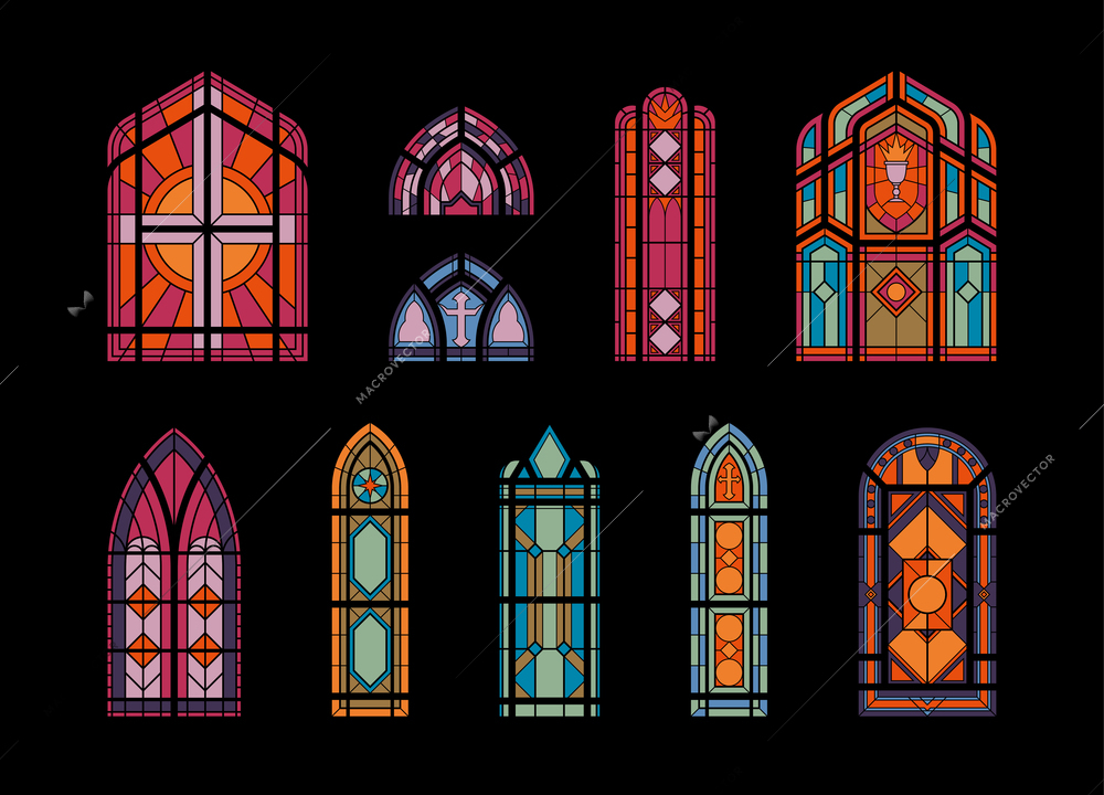 Vertical mosaic windows of a church on a dark background flat vector illustration