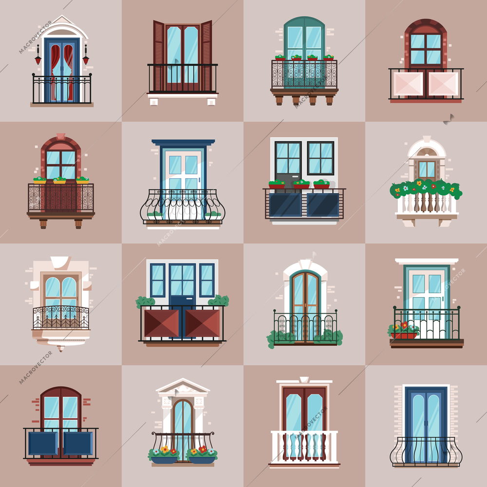 Varied design of glazed balcony with railings flat vector illustration