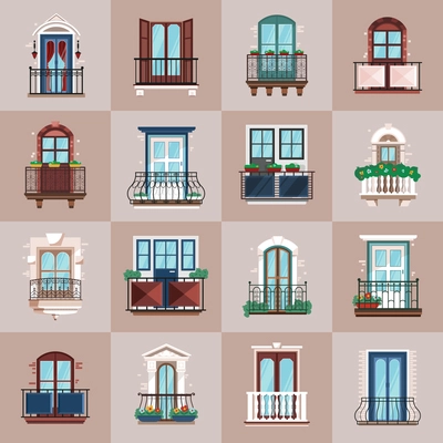 Varied design of glazed balcony with railings flat vector illustration