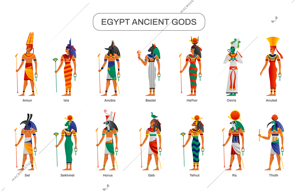 Egyptian ancient gods deities figures educational infographic set with osiris anuket amun bastet anubis isis vector illustration