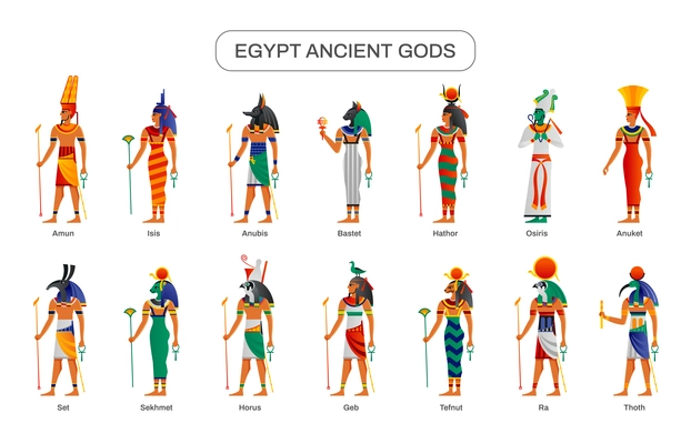 Egyptian ancient gods deities figures educational infographic set with osiris anuket amun bastet anubis isis vector illustration