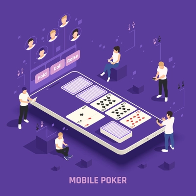 Online casino poker social cash games on mobile device virtual players cards purple background isometric vector illustration