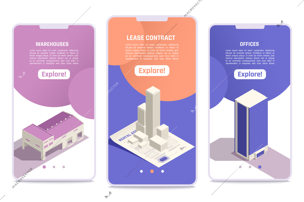 Commercial real estate property 3 isometric mobile screens set with business offices warehouse lease contract vector illustration