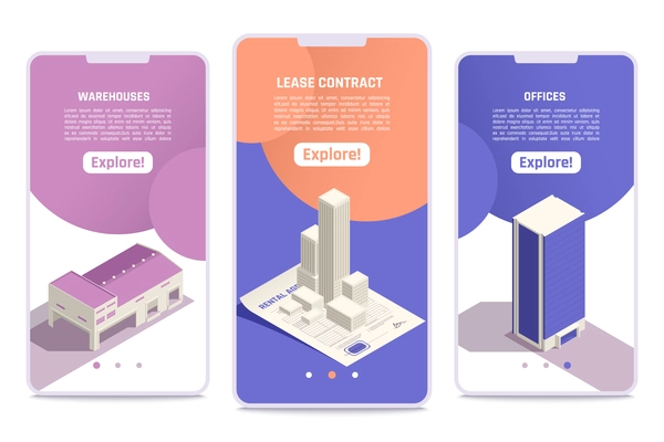 Commercial real estate property 3 isometric mobile screens set with business offices warehouse lease contract vector illustration