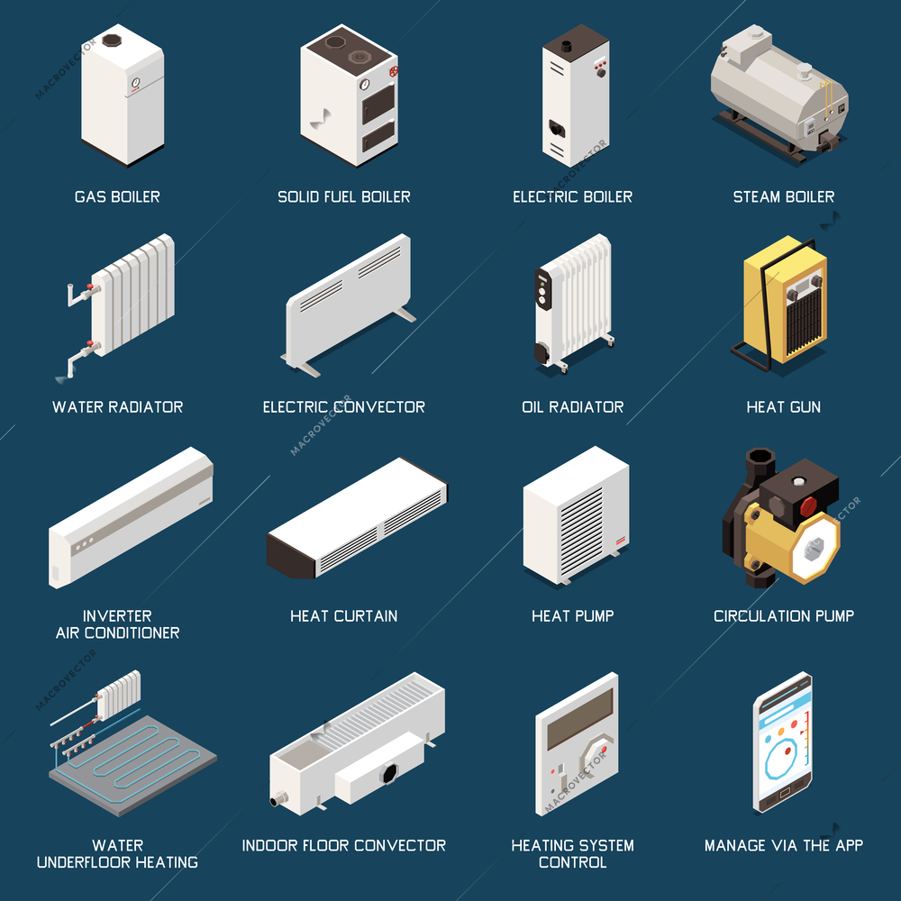 Heating system equipment isometric icons set with different boilers convectors radiators conditioners isolated vector illustration