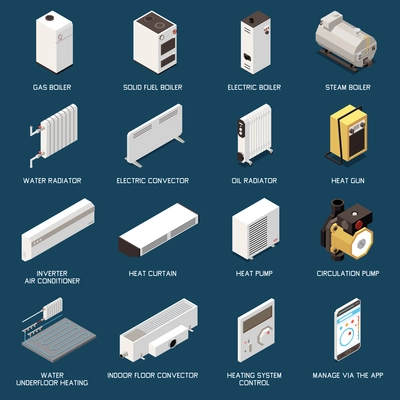 Heating system equipment isometric icons set with different boilers convectors radiators conditioners isolated vector illustration