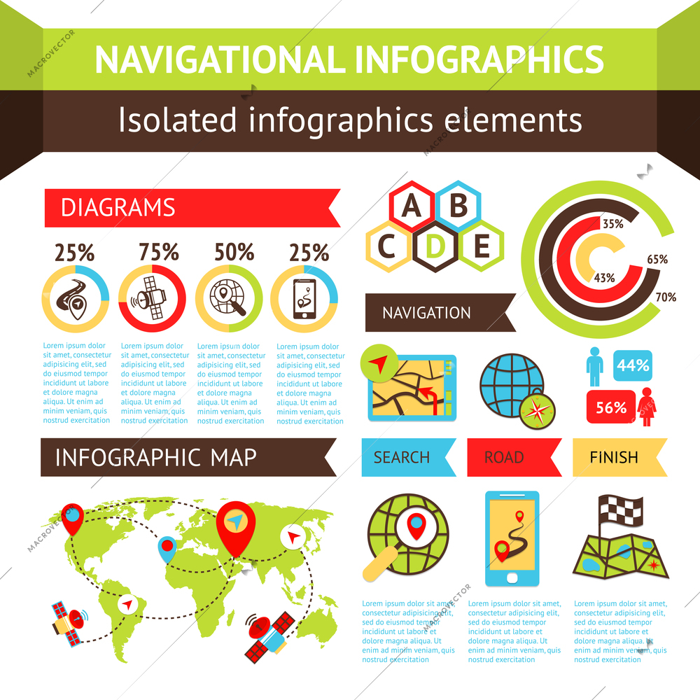 Mobile gps navigation infographic set with charts and world map vector illustration