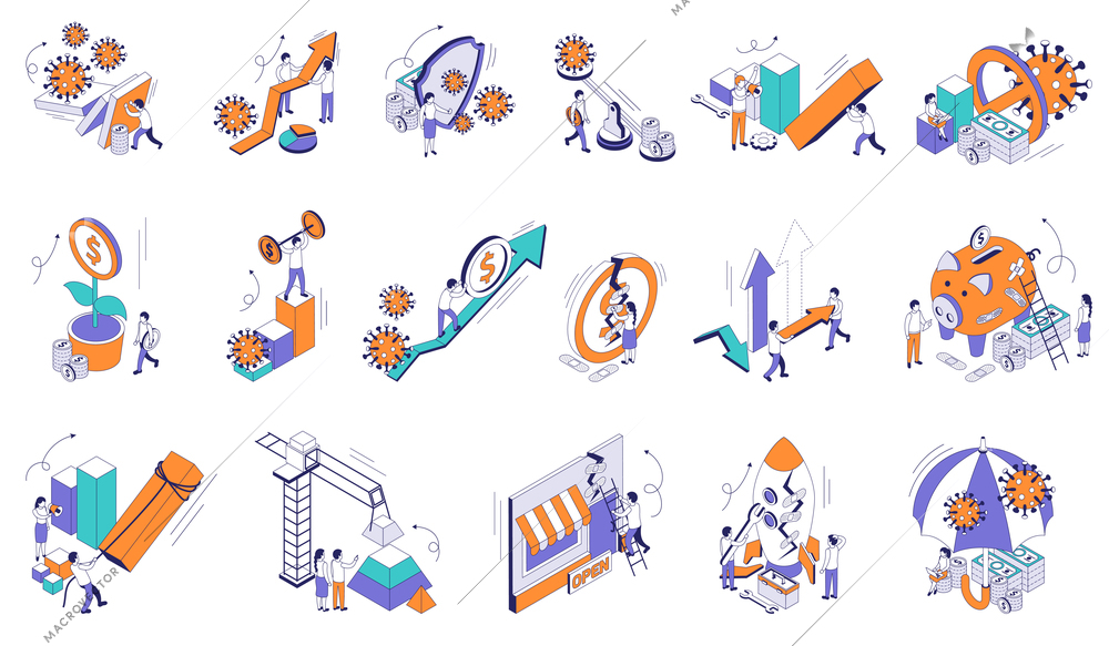 Economic business recovery set of isometric icons with isolated bar chart elements arrows and virus images vector illustration