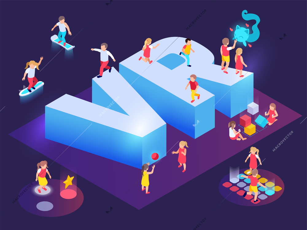 Modern futuristic playground isometric composition with neon holographic vr text surrounded by characters of playing kids vector illustration