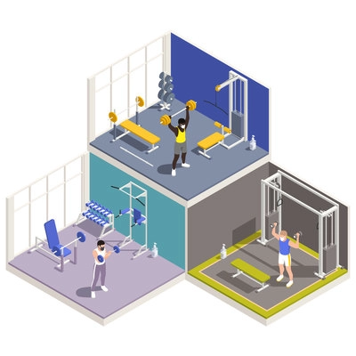 Two story gym fitness center interior isometric view with training equipment exercising people lifting weights vector illustration