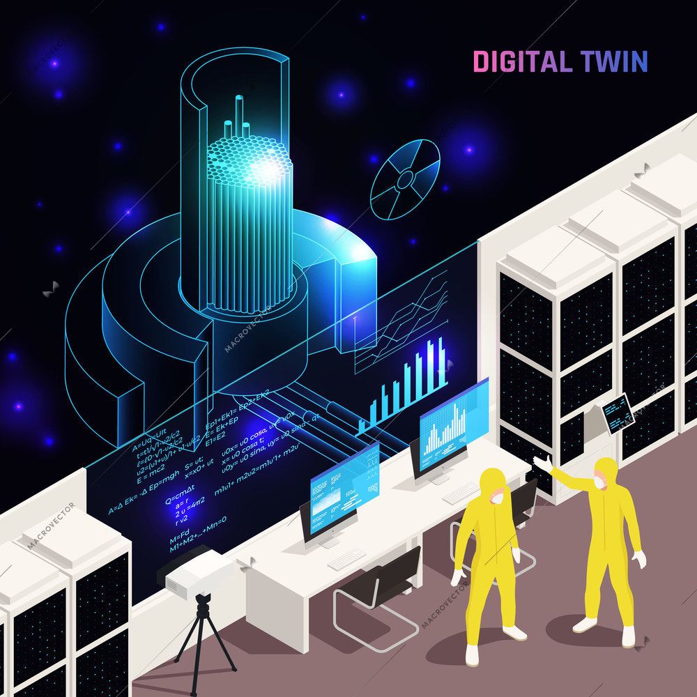 Digital twins reactors advanced simulation testing running technology based on physical model data isometric composition vector illustration