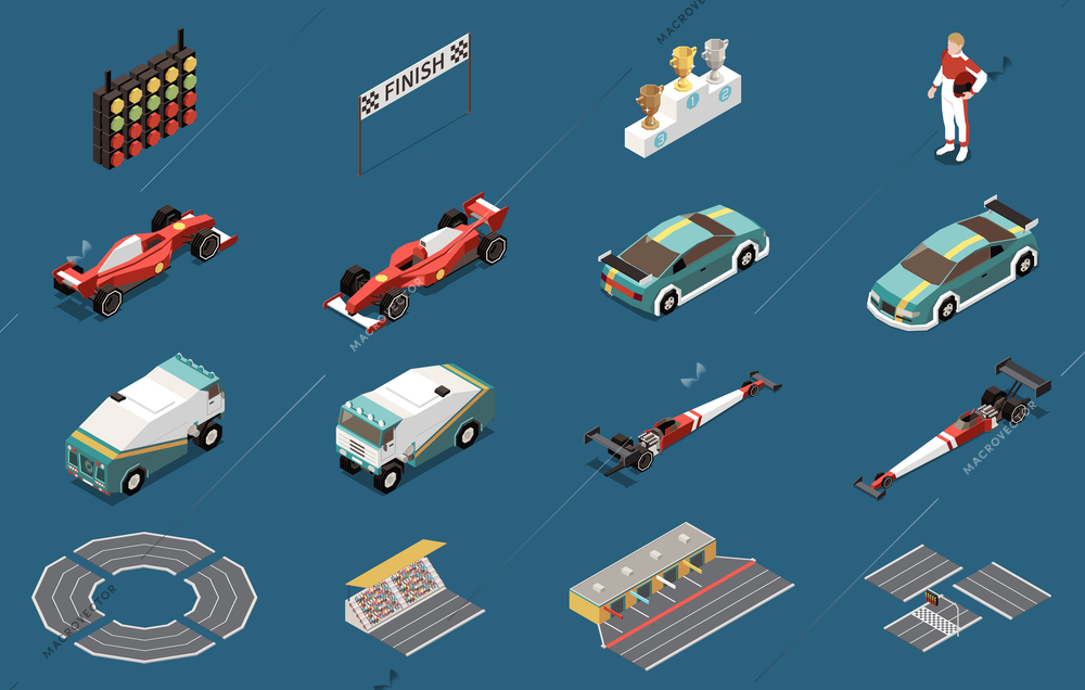 Car race isometric set of isolated car icons with track elements awards traffic light and driver vector illustration