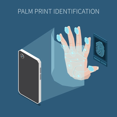 Biometric authentification isometric composition with images of smartphone scanning human hand with fingerprints and editable text vector illustration