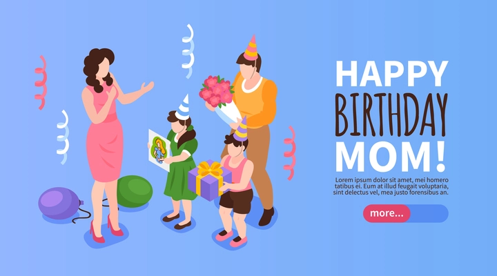 Birthday congratulation poster with mom birthday celebration symbols isometric vector illustration