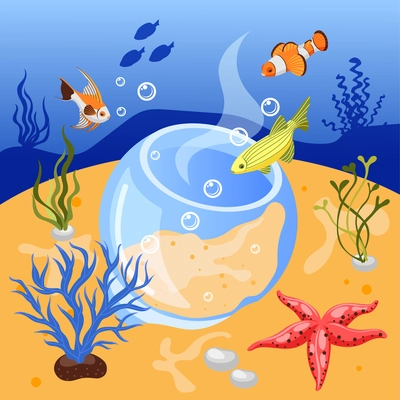 Isometric background with glass bowl aquarium fish and starfish at bottom of sea vector illustration