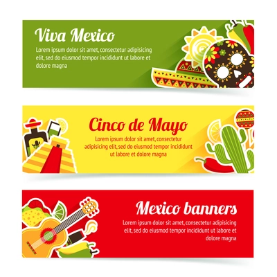 Mexico style culture building travel horizontal banner set isolated vector illustration