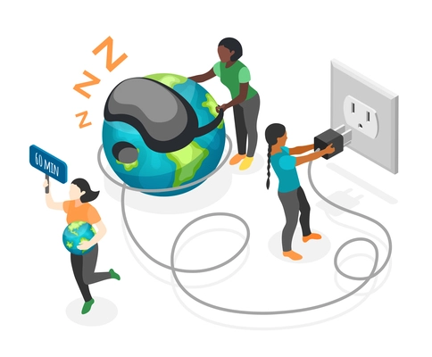 Earth hour isometric composition with people putting planet to sleep 3d vector illustration