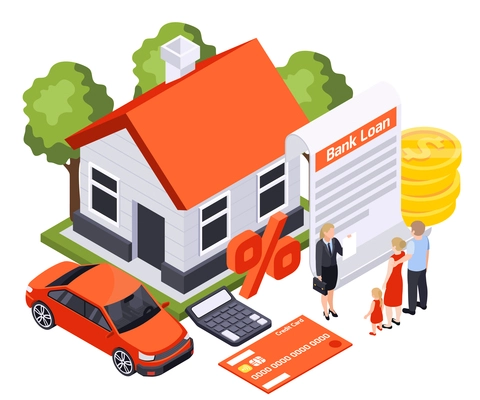 Bank loan isometric composition with view of private house with family characters bank agent and contract vector illustration