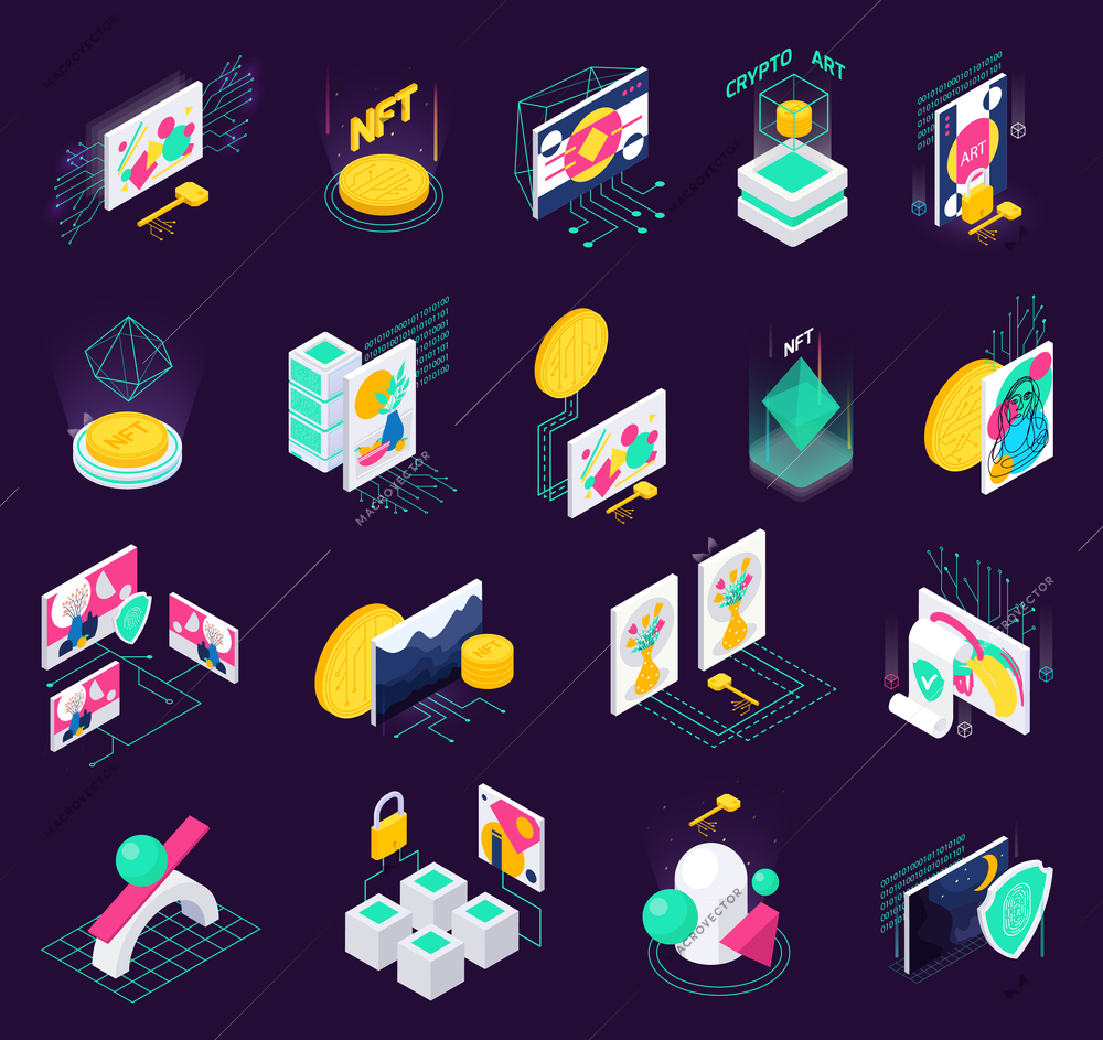 Cryptographic art crypto art nft isometric set of isolated icons with holographic signs computers and paintings vector illustration