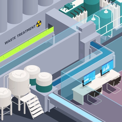 Toxic waste nuclear chemical pollution biohazard isometric colored composition with waste treatment vector illustration