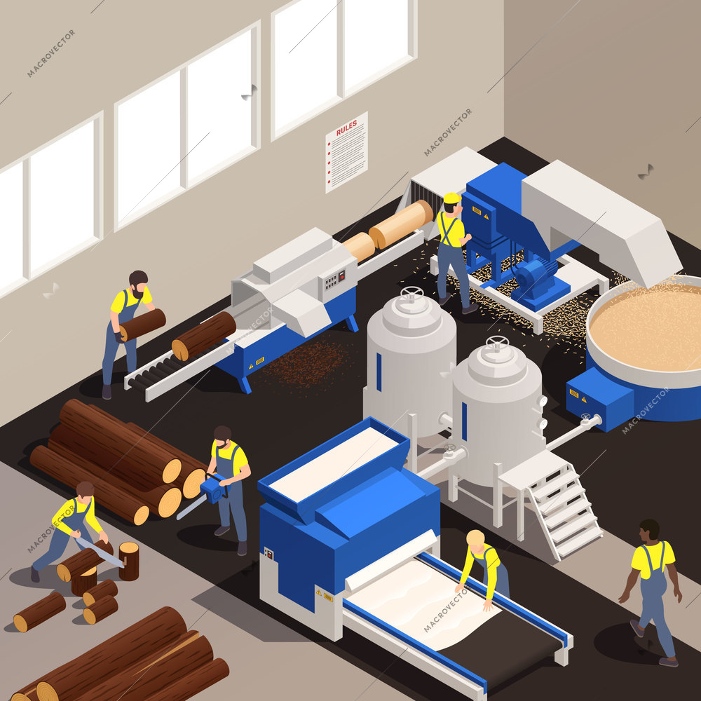 Paper production isometric composition with workers work in a factory sawing trees and maintaining machinery