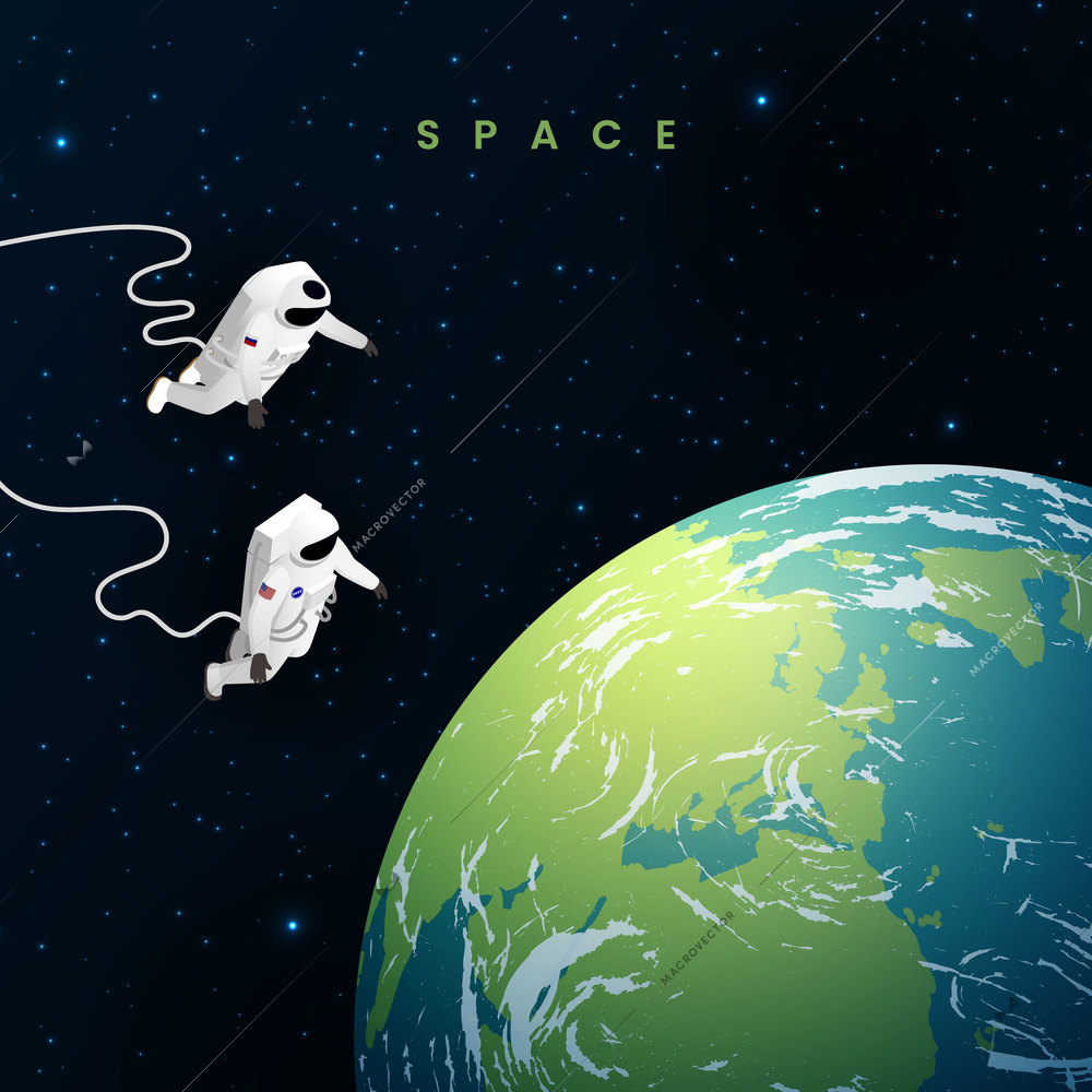 Astronaut cosmonaut taikonaut isometric composition two astronauts are in weightlessness in space and the earth is next to them vector illustration