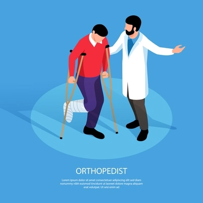 Orthopedist isometric background with doctor inviting patient on crutches into cabinet for examination vector illustration