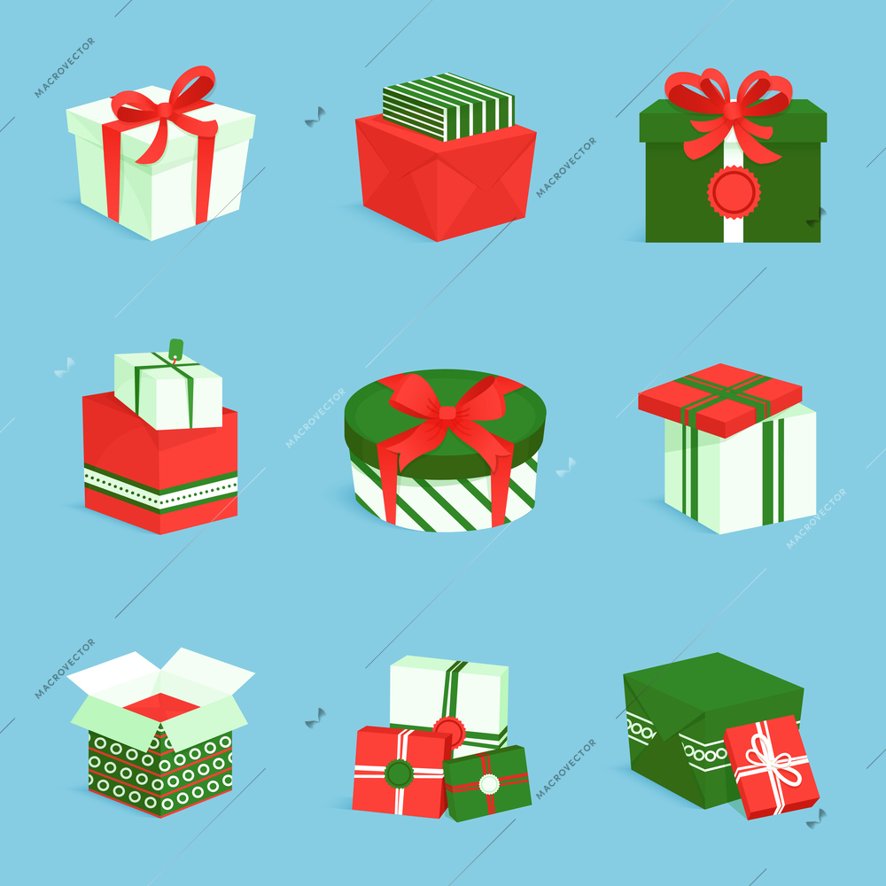 Green white and red boxes and package gift delivery icons set isolated vector illustration