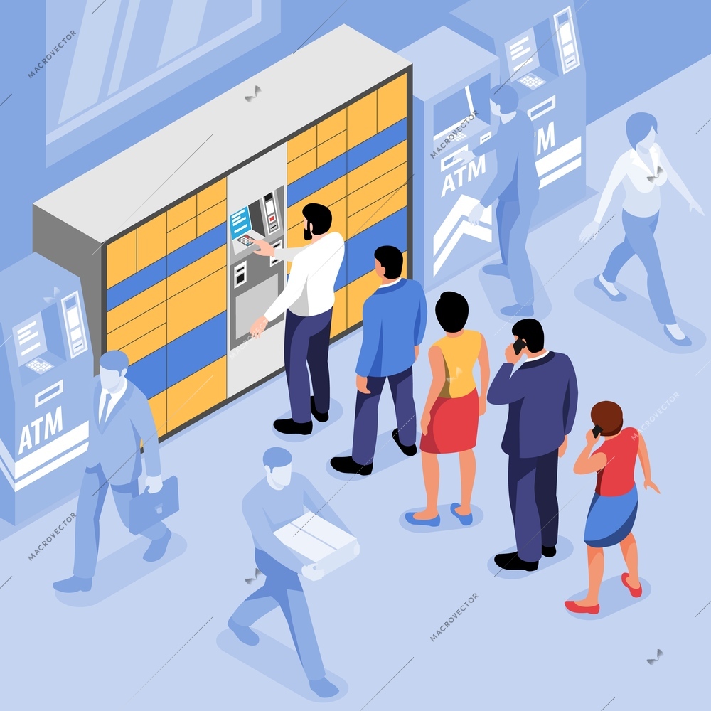 Post terminal with people standing in line to automated lockers isometric background vector illustration