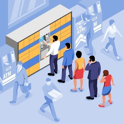 Post terminal with people standing in line to automated lockers isometric background vector illustration