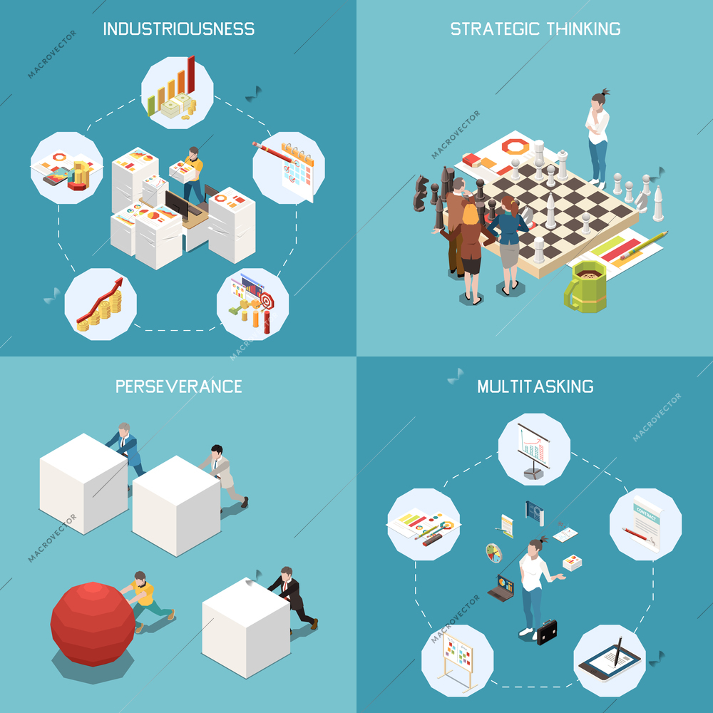 Entrepreneur concept isometric icons set with multitasking symbols isolated vector illustration