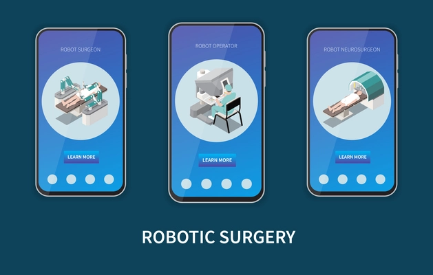 Robotic surgery isometric set with robot operator symbols isolated vector illustration