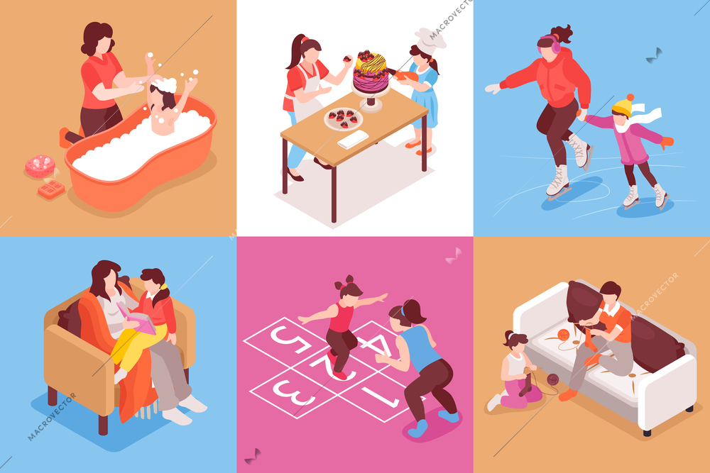 Motherhood isometric square set with family symbols isolated vector illustration