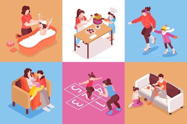 Motherhood isometric square set with family symbols isolated vector illustration