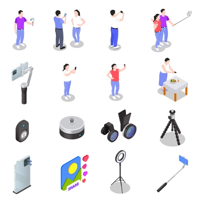 People use photo and video gadgets for mobile phones in different situations set isolated vector illustration