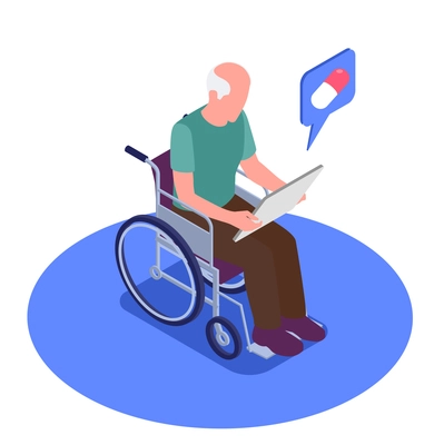 Grandpa sitting in a wheelchair examines a tablet with health care recommendations isometric vector illustration