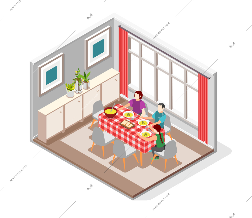 International day of families isometric composition with mother father and daughter having diner at home vector illustration