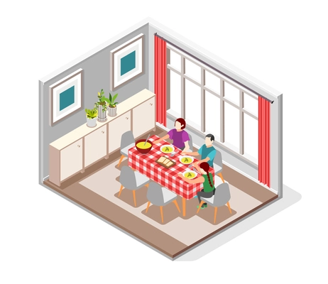 International day of families isometric composition with mother father and daughter having diner at home vector illustration