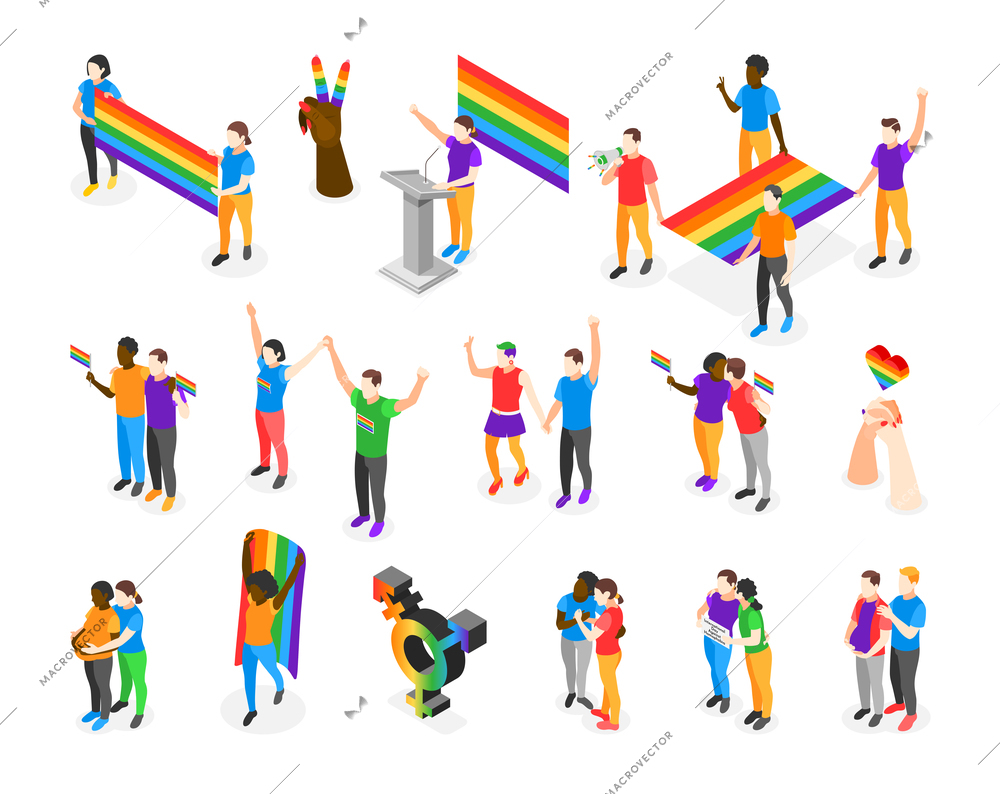 International Day Against Homophobia isometric icons set of people participating in pride parade isolated vector illustration