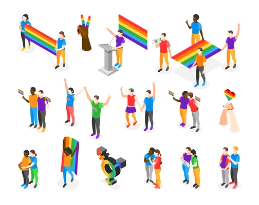 International Day Against Homophobia isometric icons set of people participating in pride parade isolated vector illustration