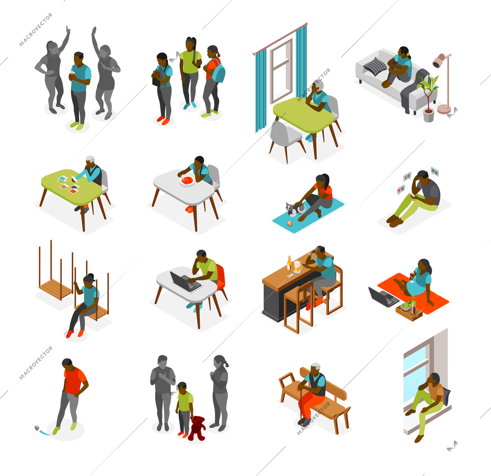 Loneliness isometric recolor set of depressed black people suffering from lack of communication isolated vector illustration