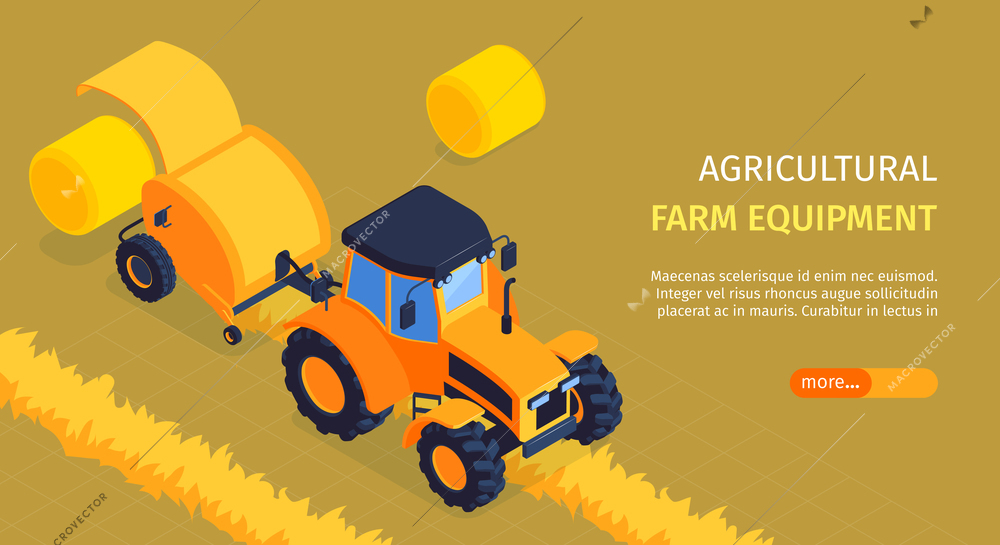 Agricultural farm equipment horizontal banner with tractor pulling round baler with hay bale rolling out isometric vector illustration