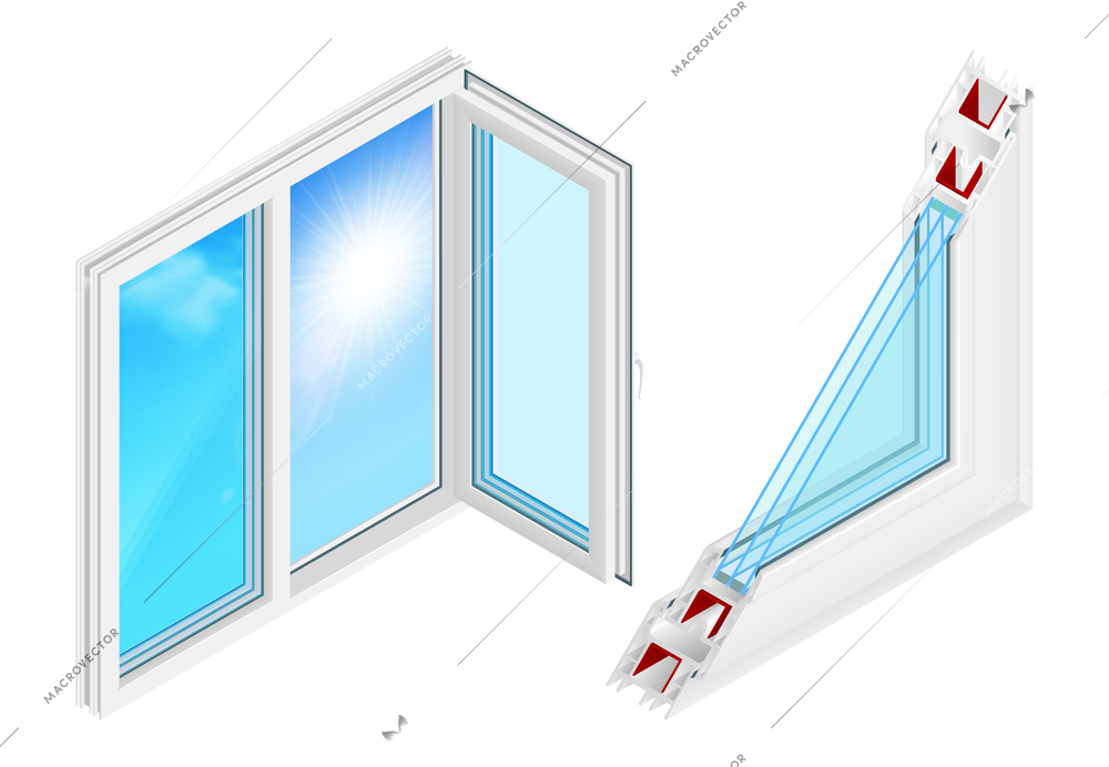 Plastic windows installation design concept with opened casement and cross section profile isometric colored elements isolated vector illustration