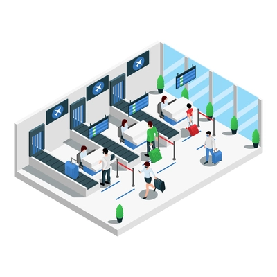 Airport terminal isometric composition passengers check in and passport control area prior of flight departure vector illustration