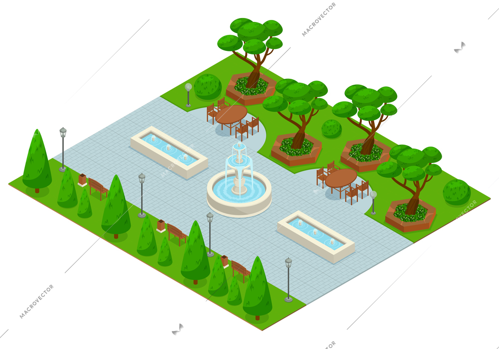 Landscape design park isometric colored composition with part of the park with fountains and green trees around vector illustration