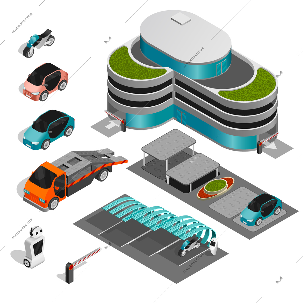 Parking isometric icon set parking isometric icon set building with multi story parking tow truck different cars and different types of parking vector illustration