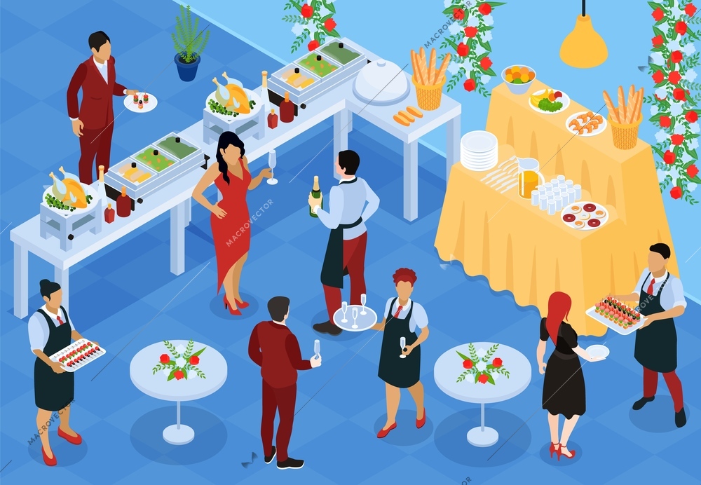 Banket reception buffet service food stations appetizers waiters serving snacks and wine isometric interior view vector illustration
